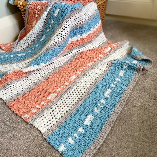 CROCHET PATTERN / Modern Crochet Blanket / Crochet Baby Blanket / Peaches and Teal Gender Neutral Baby Blanket - PDF Crochet Pattern