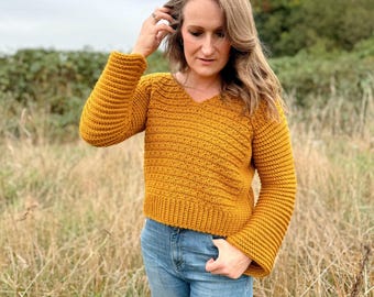CROCHET PATTERN + VIDEO Easy V-Neck Crochet Sweater Pattern / Simple, Modern & Stylish Crochet Jumper / Pdf download / Adult Sizes Xs - 5xl