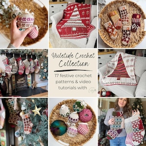 May include: A collection of festive crochet items, including Christmas stockings, ornaments, and a blanket with a tree design. The image also features the text "Yuletide Crochet Collection" and "17 festive crochet patterns & video tutorials with".