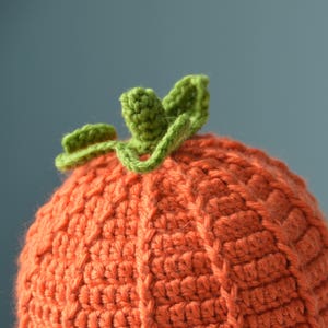 May include: A crocheted pumpkin hat with a green stem and orange body. The hat is made with a textured stitch.