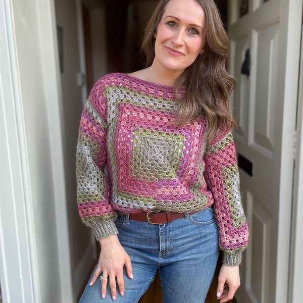 CROCHET PATTERN & VIDEO Crochet Granny Square Sweater | Size Xs-5X (30-62" Chest) | Easy Retro Pullover | Instant Download pdf by HanJan