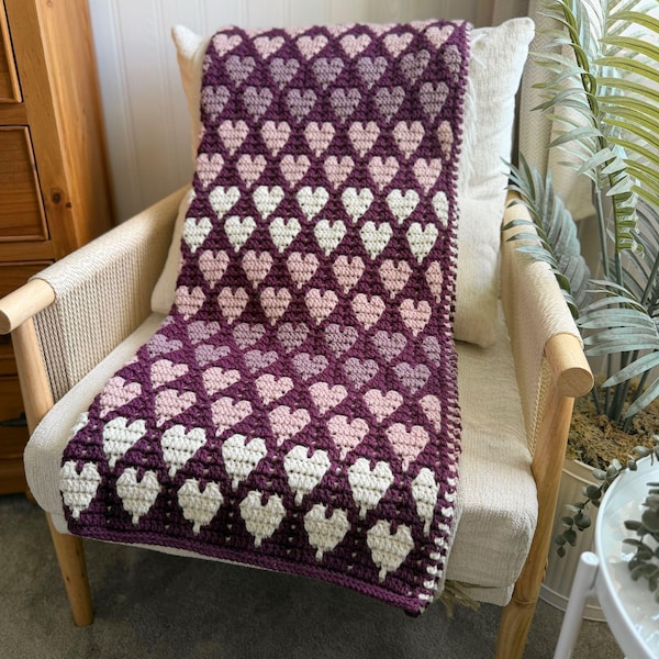 CROCHET PATTERN & VIDEO Happy Hearts Blanket Crochet Pattern | Mosaic Crochet Heart Blanket | Adjustable Throw Pattern Pdf | Worsted Yarn