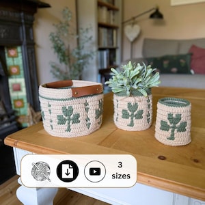 CROCHET PATTERN + VIDEO — Shamrock Mosaic Crochet Baskets, 3 Nesting Sizes Storage, Plant Pot Cover, St Patrick’s Day Decor, Shamrock Pdf