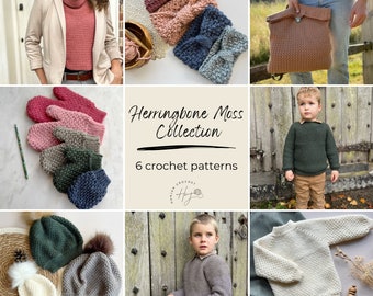 Herringbone Stitch Crochet Collection. 6 Crochet Pattern PDFs including headband, sweater (child sizes) backpack, cowl, mittens and hat.