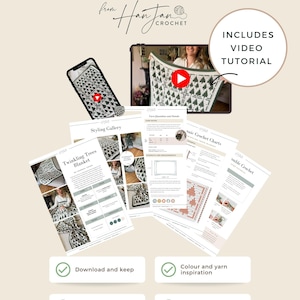 May include: A digital PDF crochet pattern for a Twinkling Trees blanket by HanJan Crochet. The document includes a styling gallery, mosaic crochet charts, yarn requirements, and a video tutorial. The pages feature text, diagrams, and photos.