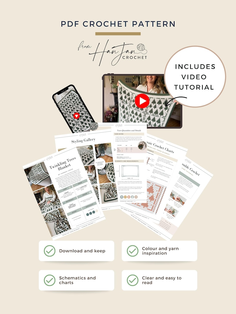 May include: A digital PDF crochet pattern for a Twinkling Trees blanket by HanJan Crochet. The document includes a styling gallery, mosaic crochet charts, yarn requirements, and a video tutorial. The pages feature text, diagrams, and photos.