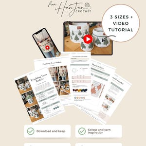 May include: A PDF crochet pattern for "Twinkling Trees Baskets" with a video tutorial. The image displays finished white crochet baskets with green tree designs. The pattern includes schematics, charts, and colour inspiration. The text says "3 sizes + video tutorial".