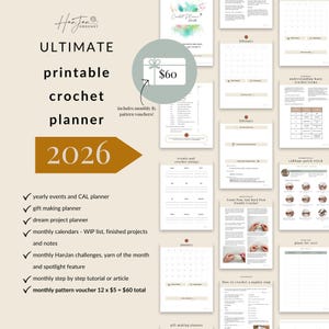 2026 Crochet Planner, Printable PDF, Digital Craft Planner with tutorials and yarn guides, Printable Planner