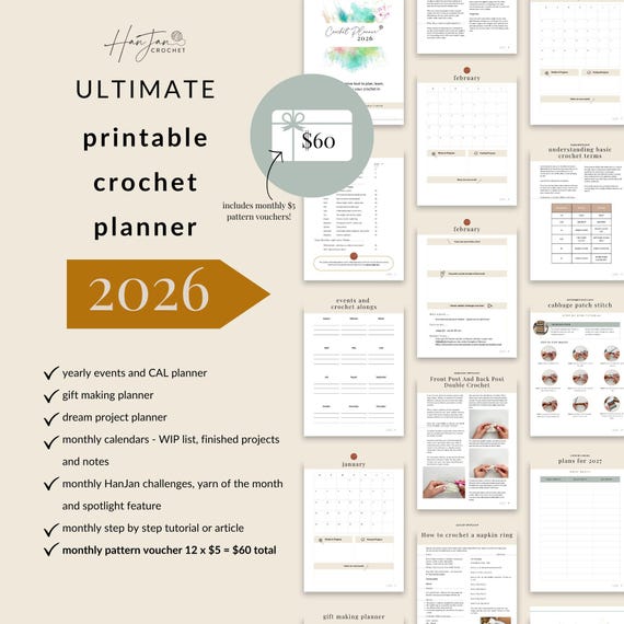 2026 Crochet Planner, Printable PDF, Digital Craft Planner with tutorials and yarn guides, Printable Planner