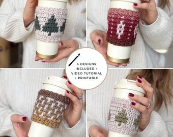 CROCHET PATTERN + VIDEO Holiday Coffee Cup Sleeve - 4 designs, Winter Mug Cozy Pdf, Christmas Trees & Festive printable