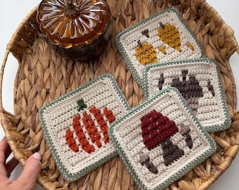 PATTERN + VIDEO – Fall Crochet Coaster Pattern PDF, Pumpkin Mushroom Acorn & Leaf Mosaic Motifs