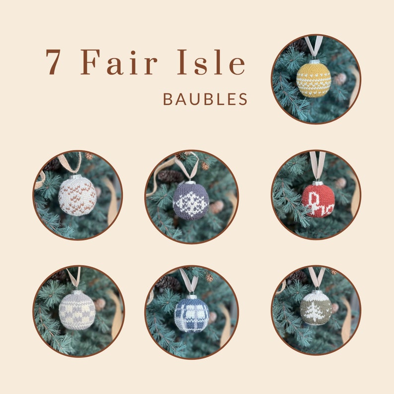 Pictures of crochet christmas tree baubles. & of them, each on a circle picture.