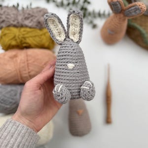 May include: A gray crocheted bunny with white ears and feet. The bunny is being held by a hand.