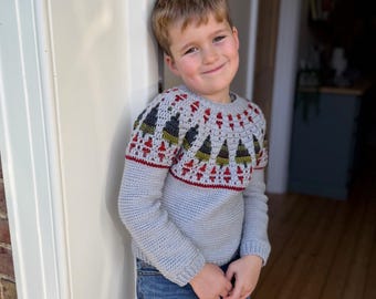 CROCHET PATTERN + VIDEO Twinkling Trees Mosaic Crochet Sweater Pattern, Top-Down Seamless Christmas Top for Babies & Children (0–10 Years)