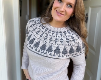 CROCHET PATTERN + VIDEO Twinkling Trees Mosaic Crochet Sweater, Top-Down Seamless Christmas Jumper for Adults (Xs–5Xl)