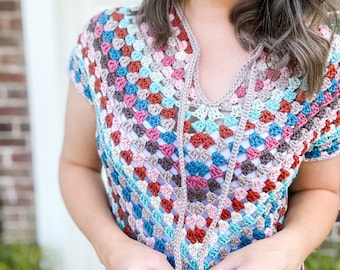 Top Down Crochet Granny Stitch Dress Pattern PDF | XS-5XL (30-62" Chest) | Short Sleeve Summer Crochet Dress Instant Download