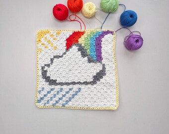 CROCHET PATTERN / Rainbow Pattern / C2C square with cloud, sun, rain showers / PDF pattern / nursery decor / wall hanging, blanket or pillow