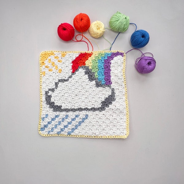 CROCHET PATTERN / Rainbow Pattern / C2C square with cloud, sun, rain showers / PDF pattern / nursery decor / wall hanging, blanket or pillow