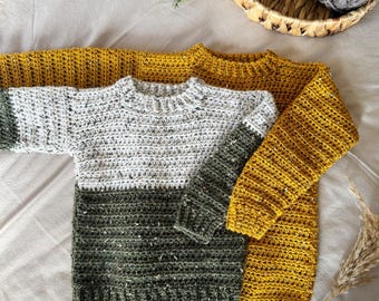 CROCHET PATTERN & VIDEO/ Easy Tweedy Beginner Crochet Sweater Pattern, Child Sizes baby to age 10, Pdf