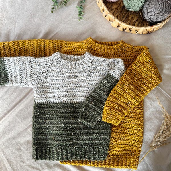 CROCHET PATTERN & VIDEO/ Easy Tweedy Beginner Crochet Sweater Pattern, Child Sizes baby to age 10, Pdf