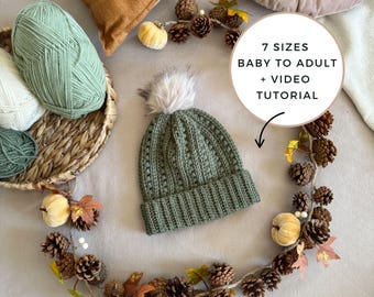 CROCHET PATTERN + VIDEO - Puff Stitch Hat Crochet Pattern | Worsted Weight Beanie 7 Sizes Baby to Adult | Quick Winter Gift or Market Seller