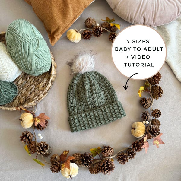 CROCHET PATTERN + VIDEO - Puff Stitch Hat Crochet Pattern | Worsted Weight Beanie 7 Sizes Baby to Adult | Quick Winter Gift or Market Seller