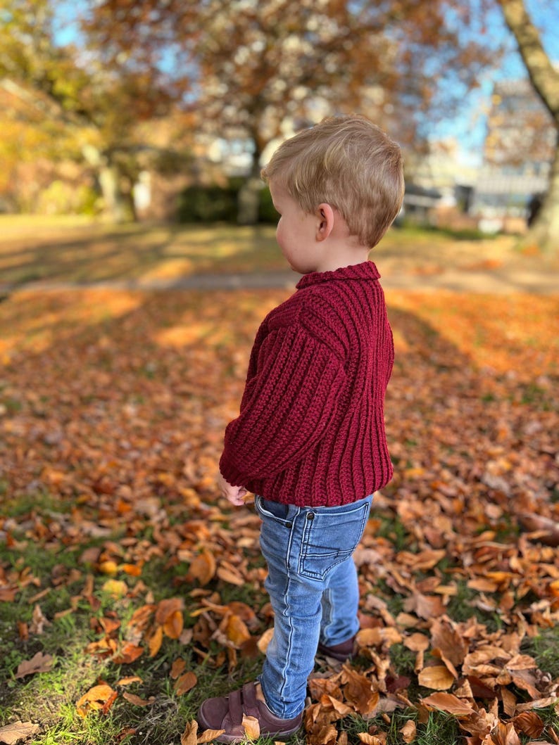 K&ouml;nnte beinhalten: Ein kleines Kind in einem weinroten Strickpullover und blauer Jeans steht in einem Haufen Herbstlaub.