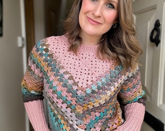 Modern Granny Square Sweater Pattern PDF | XS-5XL (30-62" Chest) | Crochet Yoke & Fun Granny Stitch | Optional Sleeves | Instant Download