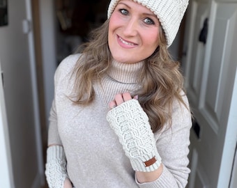 CROCHET PATTERN + VIDEO Neo Cable Hat and Mitts Pattern Pdf – Textured Beanie and Wrist Warmers with Simple Cables, Sizes Baby to Adult