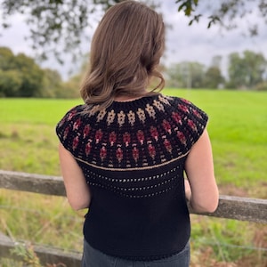 Pu&ograve; includere: Un top nero all'uncinetto con uno sprone decorativo con un motivo bordeaux, beige e nero. Il top &egrave; senza maniche e ha uno scollo tondo. La persona &egrave; in piedi fuori vicino a una staccionata di legno.