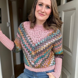 Modern Granny Square Sweater Pattern PDF | XS-5XL (30-62" Chest) | Crochet Yoke & Fun Granny Stitch | Optional Sleeves | Instant Download