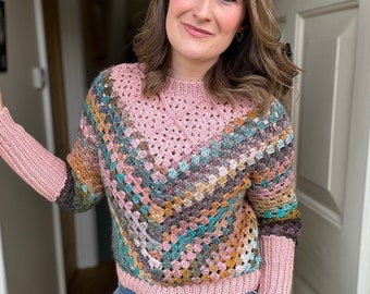 Modern Granny Square Sweater Pattern PDF | XS-5XL (30-62" Chest) | Crochet Yoke & Fun Granny Stitch | Optional Sleeves | Instant Download