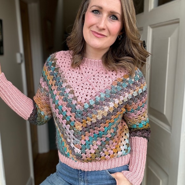 Modern Granny Square Sweater Pattern PDF | XS-5XL (30-62" Chest) | Crochet Yoke & Fun Granny Stitch | Optional Sleeves | Instant Download