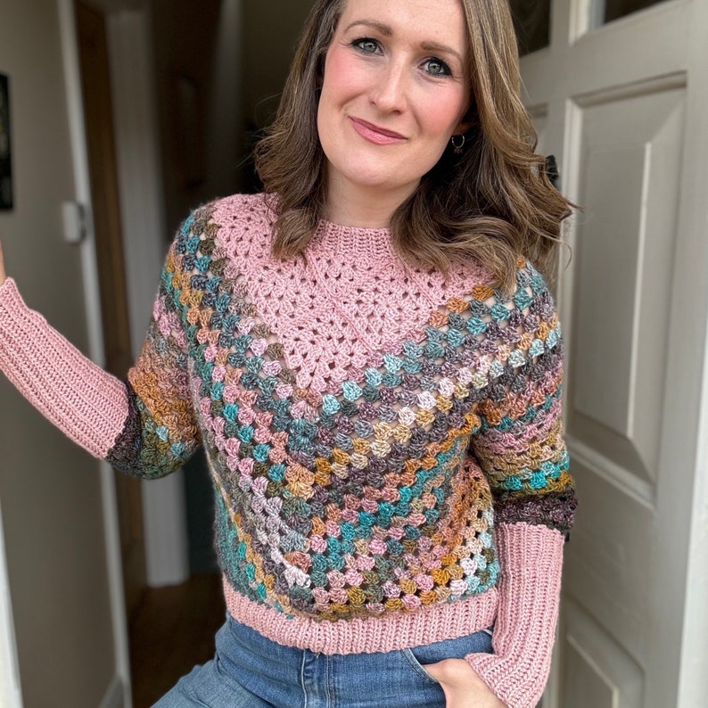 Modern Granny Square Sweater Pattern PDF XS-5XL 30-62 Chest Crochet Yoke & Fun Granny Stitch Optional Sleeves Instant Download image 1