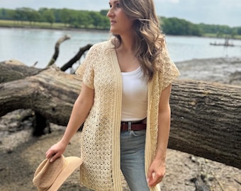 CROCHET PATTERN & VIDEO Lace Crochet Cardigan | Sleeveless Beach Cover Up With Belt | Sizes Xs-5X | Tutorial, Instant Download