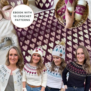 May include: A selection of crochet items, including baskets, coffee cup cosies, a blanket, hats, sweaters, and mittens. The items feature a heart pattern in shades of purple, pink, and white. The image also includes the text "EBOOK WITH 10 CROCHET PATTERNS."