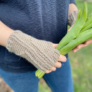 May include: A pair of brown knitted fingerless gloves with a ribbed texture. The gloves are worn by a person holding a bouquet of green leaves.