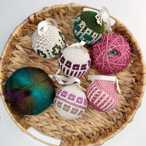 CROCHET PATTERN, Crochet Christmas Tree Ornaments, 5 Mosaic Crochet Bauble Designs | Written Instructions, Charts & Video Tutorial