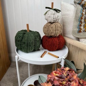May include: Four knitted pumpkins in autumnal colours: green, beige, and red, with cinnamon stick stems. They are stacked on a white, two-tiered side table. The top pumpkin has a green ribbon. A cozy, fall-themed decorative item for the home.