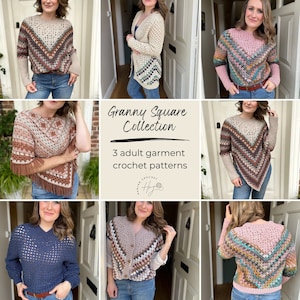 May include: A collection of three crochet patterns for adult garments, featuring a poncho, cardigan, and sweater. Each garment is made with granny squares in a variety of colors, including brown, beige, pink, blue, and green. The text "Granny Square Collection" and "3 adult garment crochet patterns" is displayed on a white background.