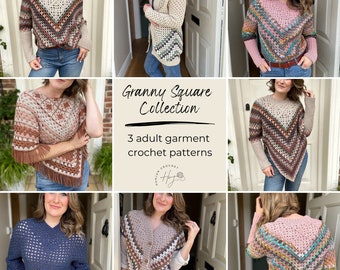 Granny Square Garment Collection. 3 Adult Granny Stitch Crochet Pattern PDFs including Poncho, Cardigan and Sweater