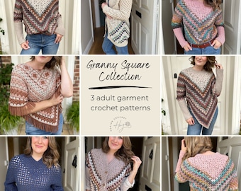 Granny Square Garment Collection. 3 Adult Granny Stitch Crochet Pattern PDFs including Poncho, Cardigan and Sweater