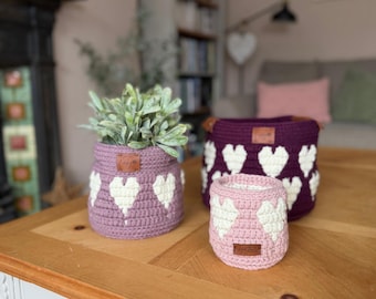 CROCHET PATTERN + VIDEO — Happy Hearts Mosaic Crochet Baskets — 3 Nesting Sizes Storage, Gift, Plant Holder, Charts Included in Pdf