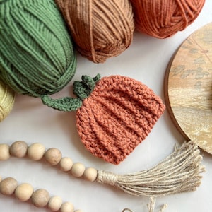 May include: A crocheted orange pumpkin with green leaves, yarn balls in green, brown, and orange, and a wooden bead garland with a jute tassel.