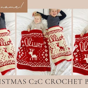3 images of two children with a red and white crocheted festive blanket.