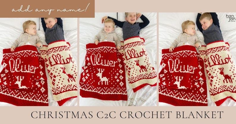3 images of two children with a red and white crocheted festive blanket.