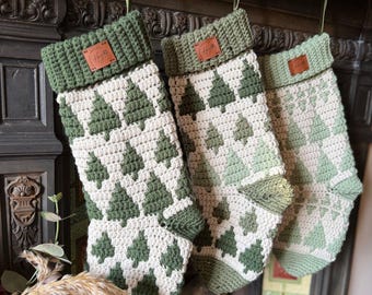 CROCHET PATTERN + VIDEO Overlay Mosaic Stocking - Twinkling Trees Stockings, 2 Designs, Charts Included In Pdf