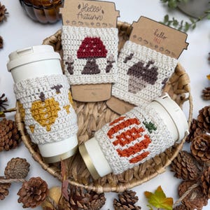 PATTERN + VIDEO – Crochet Cup Holder Pattern, Fall Coffee Cup Cozy, Pumpkin Mushroom Acorn Leaf Overlay Mosaic pdf