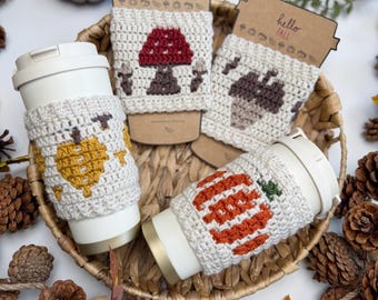 PATTERN + VIDEO – Crochet Cup Holder Pattern, Fall Coffee Cup Cozy, Pumpkin Mushroom Acorn Leaf Overlay Mosaic pdf
