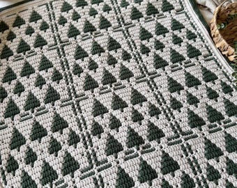 CROCHET PATTERN + VIDEO – Twinkling Trees Christmas Blanket – Overlay Mosaic Afghan pdf, Festive Throw Pattern, Holiday Home Décor